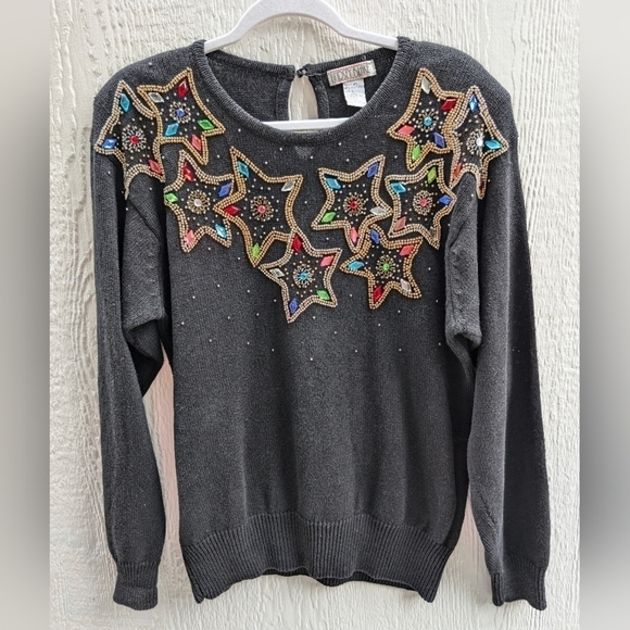 VTG Lindsey Blake Embellished Rhinestones Beads Stars Embroidered Sweater Large - Picture 1 of 5